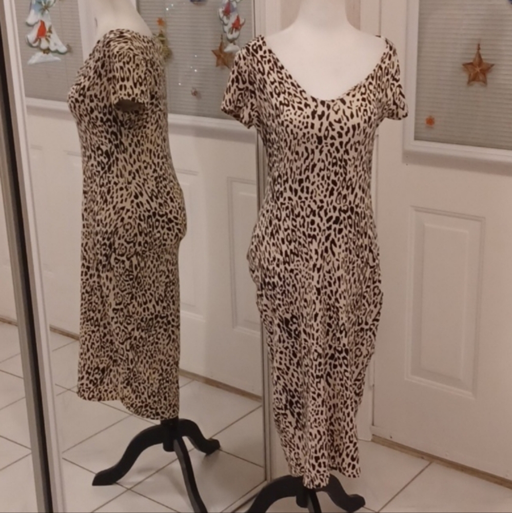 4/$60 Long Leopard Print V-Neck Dress - Size Large